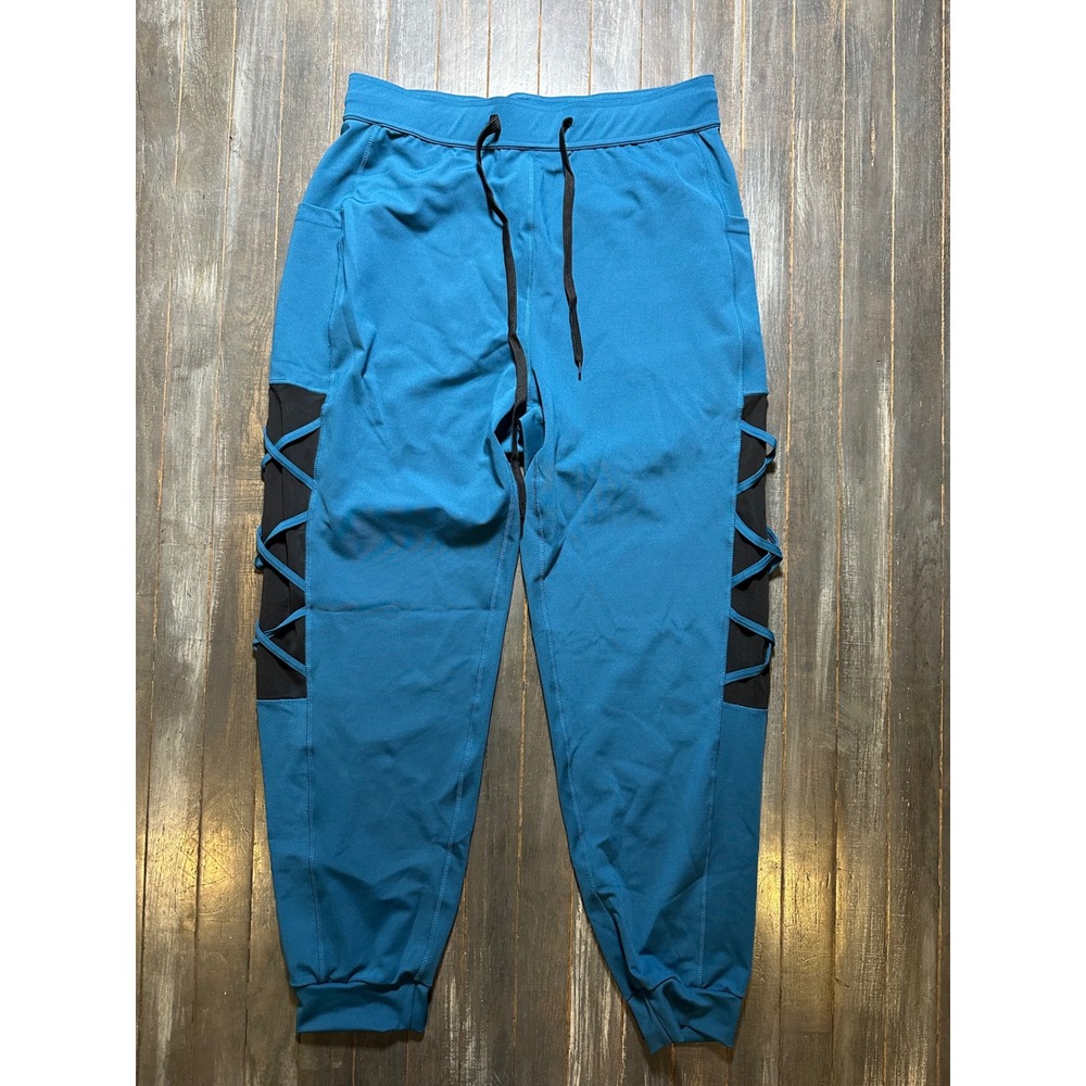 POP FIT Women Teal Blue Lattice Strappy Mesh Side Joggers Athletic Pants